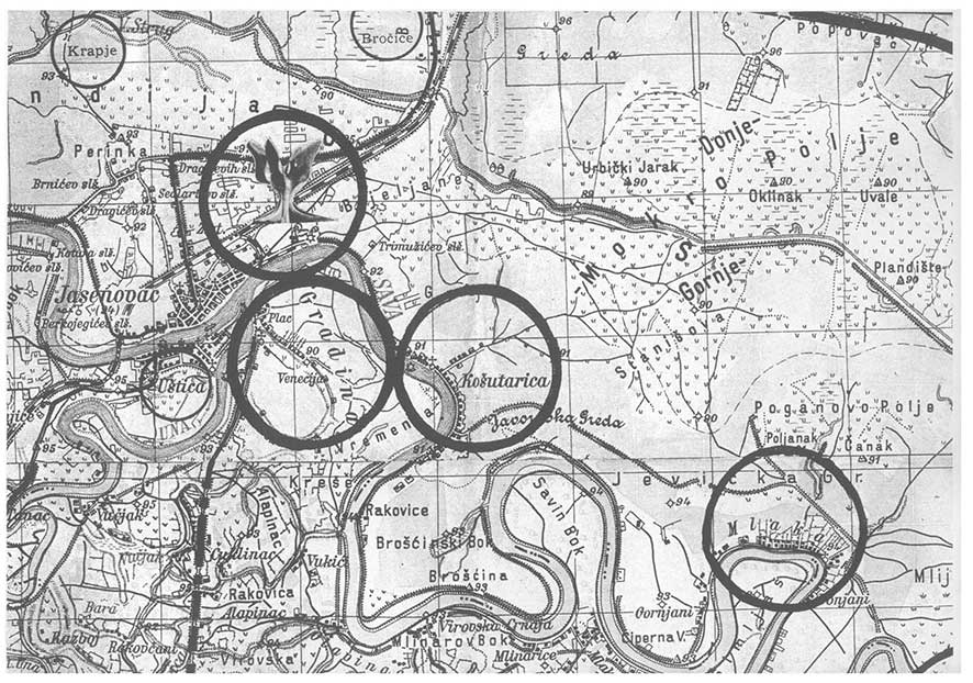 Мапа хрватског усташког системâ логора за истребљење Срба, Јевреја и Рома Јасеновац, Извор: 08-18190 Counter Memorial of Serbia Volume II p. 145, према Антун Милетић: Концентрациони логор Јасеновац