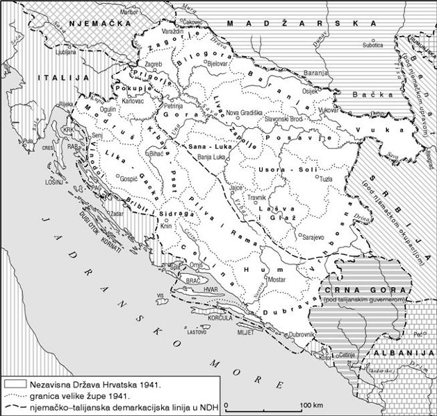 Мапа Независне Државе Хрватске 1941. године, Извор: Лексикографски завод Мирослав Крлежа, електронско издање