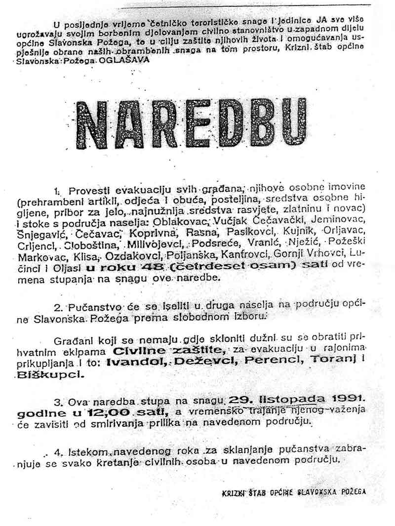 Наредба тзв. Кризног штаба општине Славонска Пожега о обавезној евакуацији 26 српских села Пожешке котлине, први пут после Другог светског рата Фото: Архива ДИЦ Веритас-а
