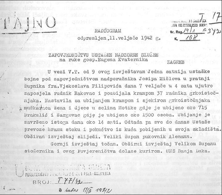 Радиограм Усташкој надзорној служби о покољу Срба у Дракулићу, Мотикама, Шарговцу и руднику Раковац... Фото: Архива