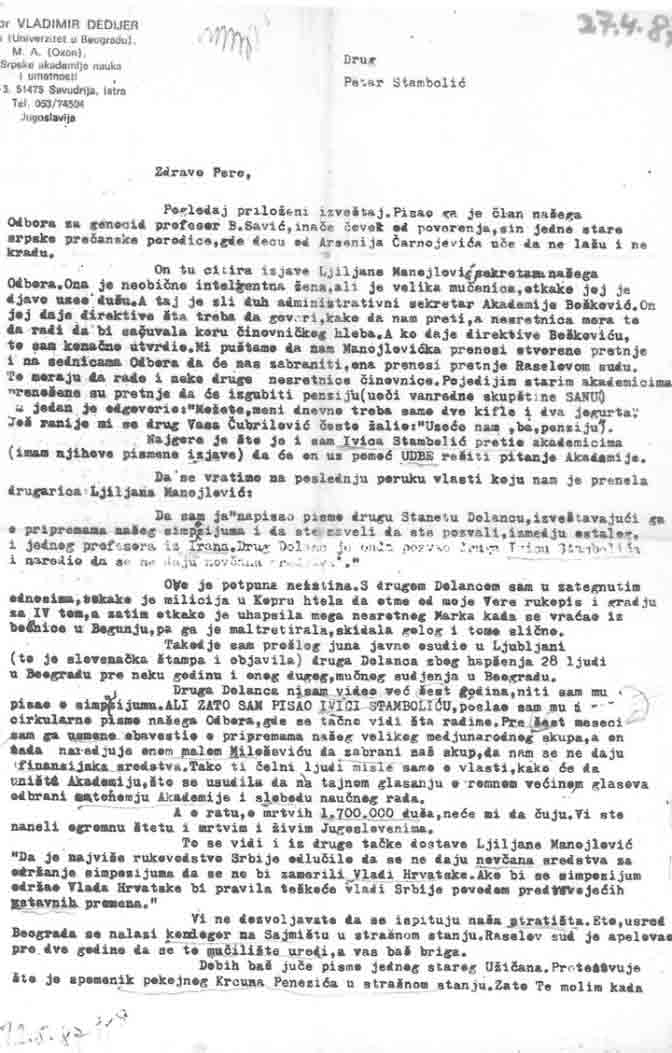 Дедијерово писмо Петру Стамболићу од 27. априла 1987. године Фото: Никола Милованчев, Стање ствари