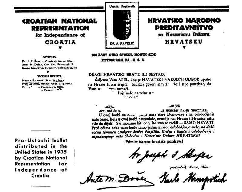 Хрватско усташко представиштво за НДХ у САД 1935. године. The Case of Archbishop Stepinac, стр. 94 Фото: screenshot