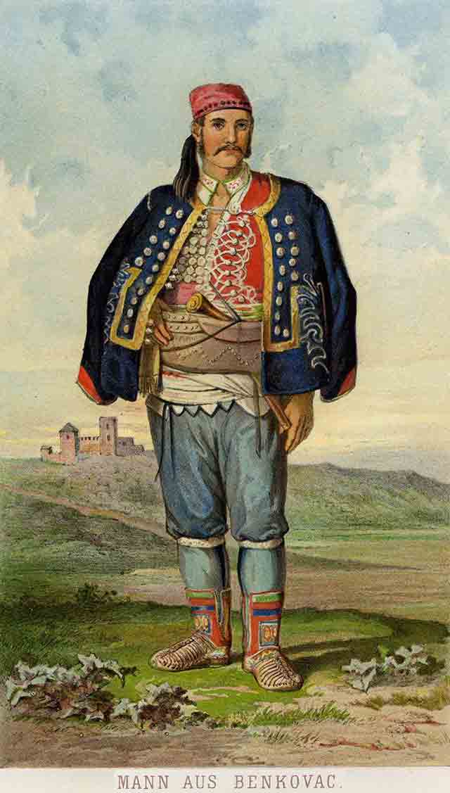 Мушкарац из Бенковца Фото: Збирка ношњи и типских слика Срба на Јадрану од Ријеке до Арбаније надвојводе Лудвига Салватора, 1870; Erzherzog Ludwig Salvator, Die Serben an der Adria, siete 14; Heinrich Mercy Sohn, Prag, 1870-78. (клик за увећање)