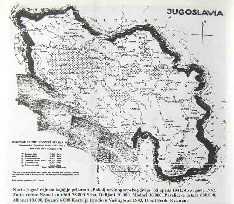 Мапа стратишта, масовних покоља Срба до августа 1942. године; Вашинтон, 1943. Фото: Архива
