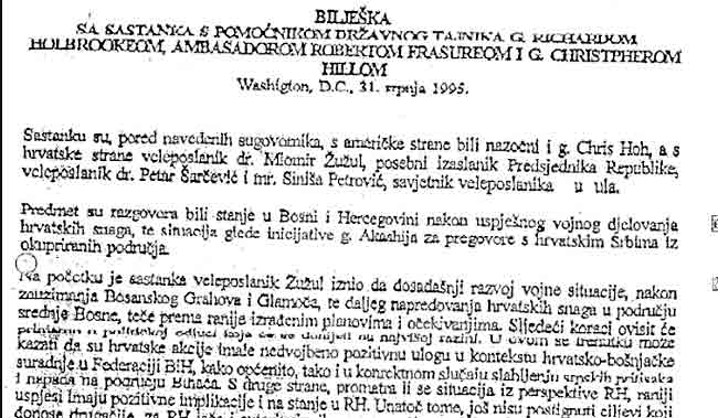 Извештај хрватског амбасадора у Вашингтону Жужула о састанку на америчким прохрватским завереницима  Фото: Политика, printscreen