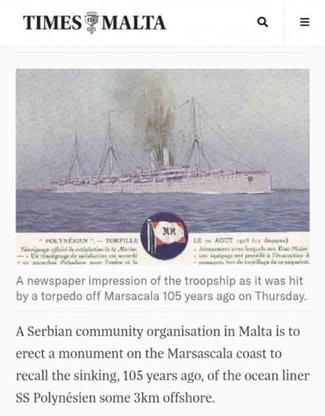 Текст у Times of Malta  о подизању споменика захвалности  у Марсаскали (Малта) Фото: Вечерње новости 