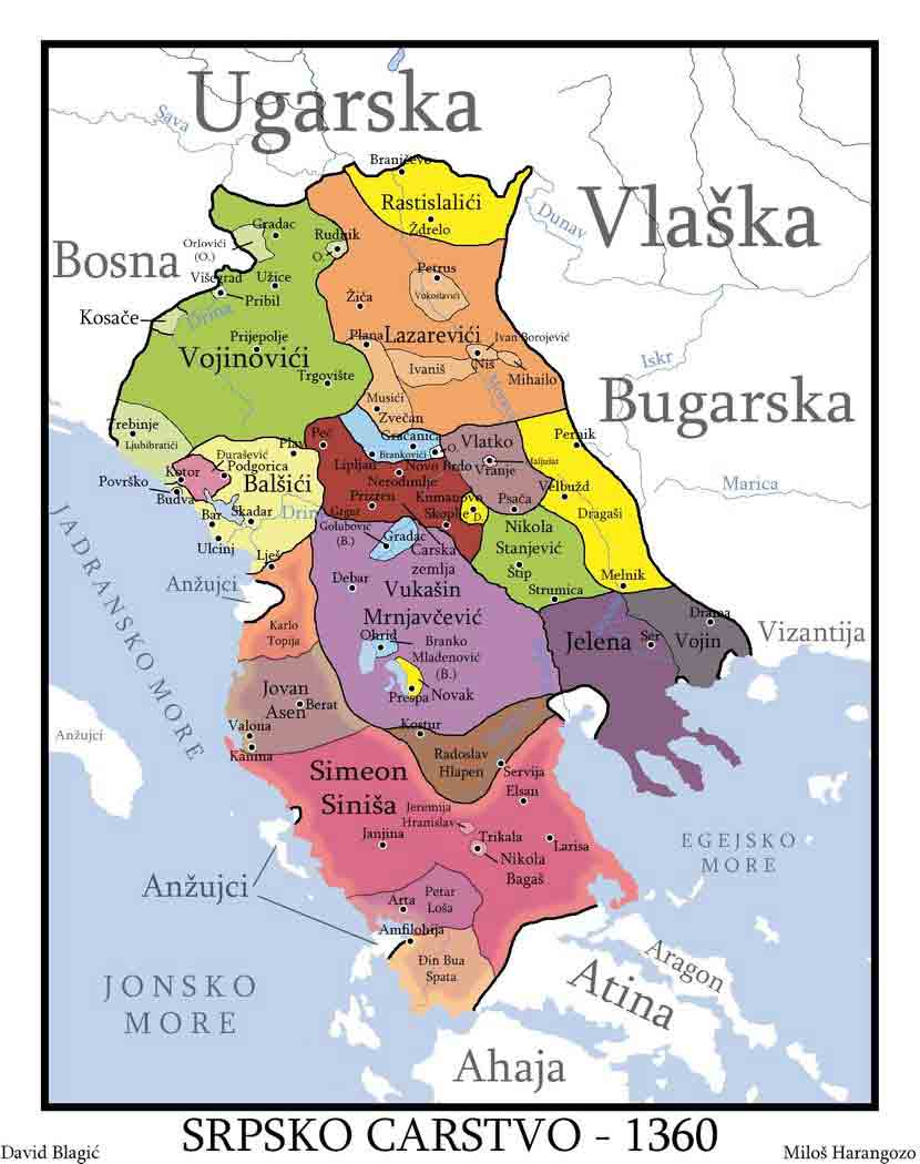Српско Царство око 1360. у време цара Стефана Уроша V. Светлијом нијансом су обележене земље великаша који су признавали Симеона (Синишу) Уроша за цара Фото: Wikimedia Commons, MilosHaran и SerbianPaleontologist CC BY-SA 4.0 Српско Царство око 1360. у време цара Стефана Уроша V. Светлијом нијансом су обележене земље великаша који су признавали Симеона (Синишу) Уроша за цара Фото: Wikimedia Commons, MilosHaran и SerbianPaleontologist CC BY-SA 4.0