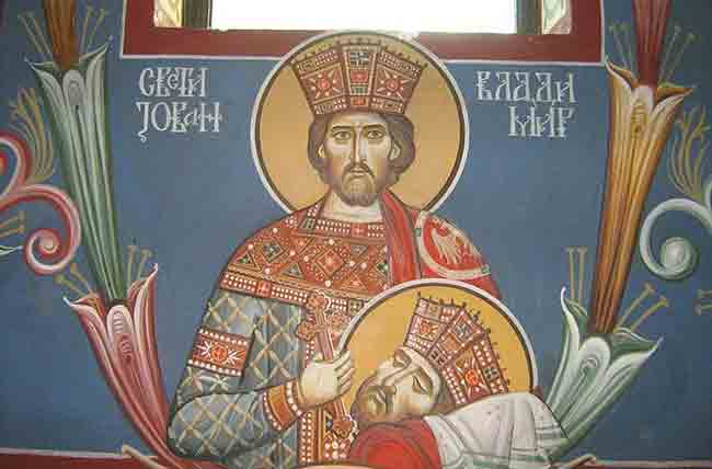 Свети Јован Владимир (~970-1015), фреска у Цркви св. Јована Владимира, Београд Фото: Светигора Свети Јован Владимир (~970-1015), фреска у Цркви св. Јована Владимира, Београд Фото: Светигора