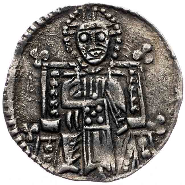 Новчић Вука Бранковића (око 1345-1397), реверс: Dinar, 0,829 g, Ag, Jov 33 27, Lj XII-25|Obv.: Sceptre type, Принц са заставом, скиптаром Фото: One.bid, Pešek