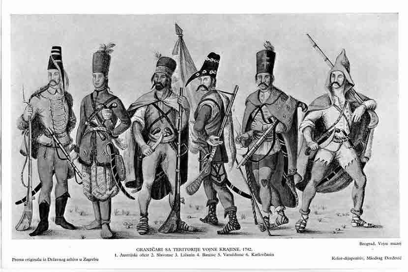 Граничари са територије Војне Крајине, 1742. (Аустријски официр, Славонац, Личанин, Банијац, Вараждинац, Карловчанин), цртеж по оригиналу Фото: Војни музеј, Војна енциклопедија, том X, 2. издање, Београд 1975, стр. 557