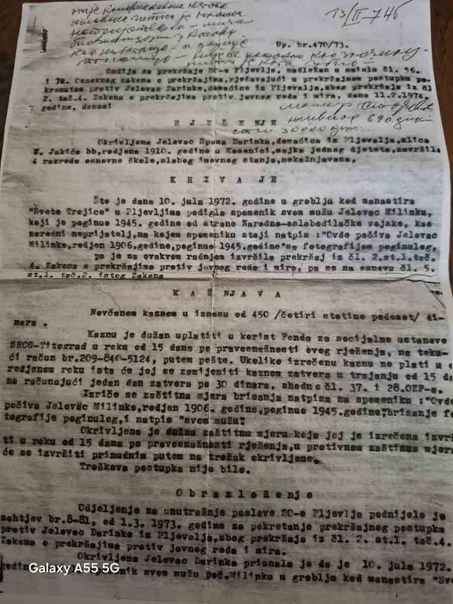 Пресуда прекршајног суда у Пљевљима Даринки Јеловац због подизањања споменика убијеном супругу Милинку (1973) Фото: ПВ Свитање, ИН4С, уступљена фотографија Пресуда прекршајног суда у Пљевљима Даринки Јеловац због подизањања споменика убијеном супругу Милинку (1973) Фото: ПВ Свитање, ИН4С, уступљена фотографија