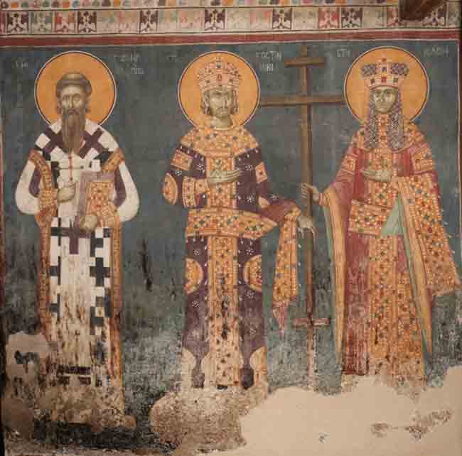 Равноапостолни светитељи Сава, Константин и Јелена на фресци у Грачаници Фото: Борис Субашић, В. новости Равноапостолни светитељи Сава, Константин и Јелена на фресци у Грачаници Фото: Борис Субашић, В. новости