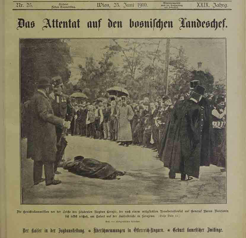 Илустрација из бечке штампе: Неуспели атентат на намесника генерала барона Маријана Варешанина 15. јуна 1910. године Фото: Илустровани недељник, новински исечак од 23. јуна 1910, ФБ налог Grad na Miljacki za svu raju i cijeli svijet