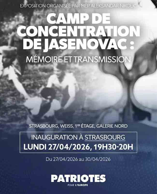 Плакат изложбе „Јасеновац, сећање и опомена“, Стразбур, ЕУ Парламент, 27-30. април 2026. Фото: Небојша Кузмановић, Архив Војводине, FB, promo