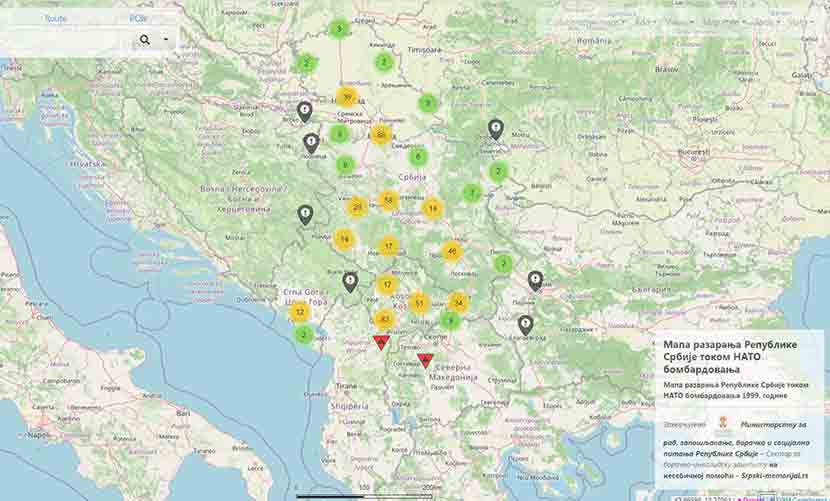 Мапа разарањâ Републике Србије током НАТО бомбардовања 1999. године Фото: Српски меморијал, screenshot