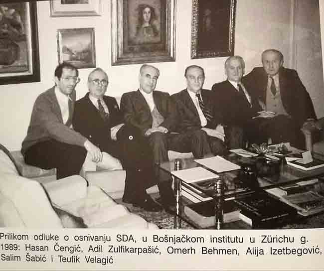 Цирих, <i>Муслимански институт</i>, Одлука о оснивању СДА, 1989. године – Хасан Ченгић, Адил Зулфикарпашић. Омер Бехмен, Алија Изетбеговић, Салим Шабић и Теуфик Велагић Фото: О. О. СДА Соколац ФБ налог
