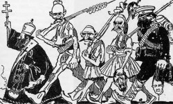 Православни свештеник предводи банду разбојника у балканским ношњама који носе нанизане одсечене уши, носеве и главе (Балкански ратови) Фото: РТС, Милан Ристовић „Црни Петар и балкански разбојници“